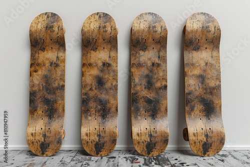 Four skateboards lean against a wooden wall in the room