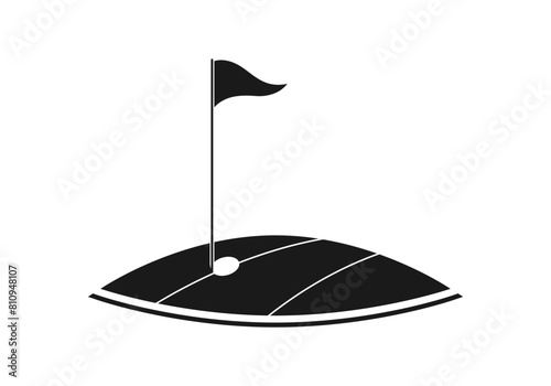 Golf icon or logo with flag on the grass and golf hole. Vector illustration.