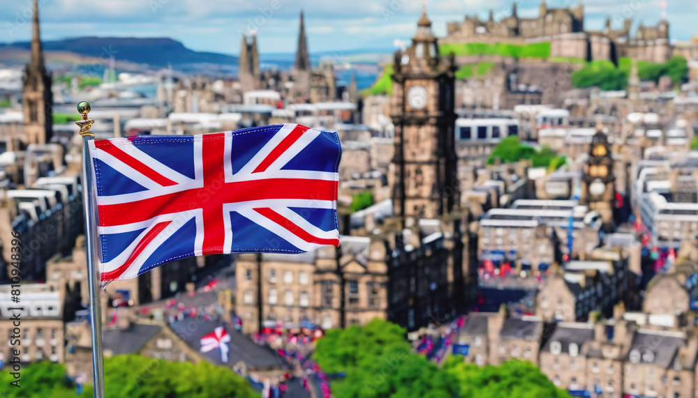 Fototapeta premium the flag of Great Britain on the background of the city of Edinburgh. Fringe Arts Festival in Edinburgh