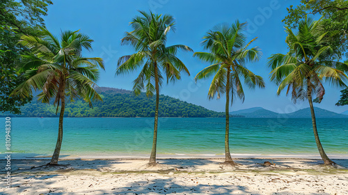 A beautiful beach with palm trees and a clear blue ocean