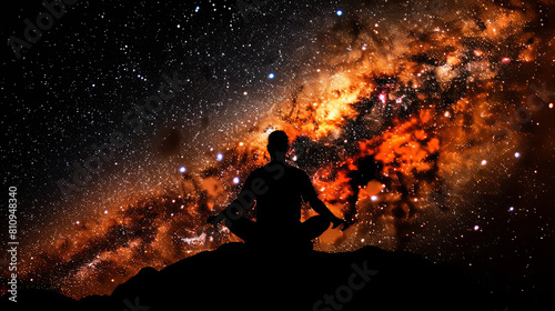 A person is meditating in front of a large, orange and yellow star