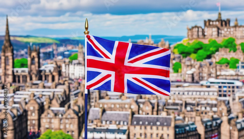 the flag of Great Britain on the background of the city of Edinburgh. Fringe Arts Festival in Edinburgh photo