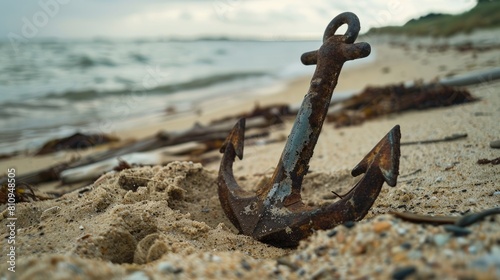 A weathered anchor rests on the sandy beach, surrounded by the gentle lapping of water. Nearby, a vibrant plant adds a touch of life to the serene scene AIG50