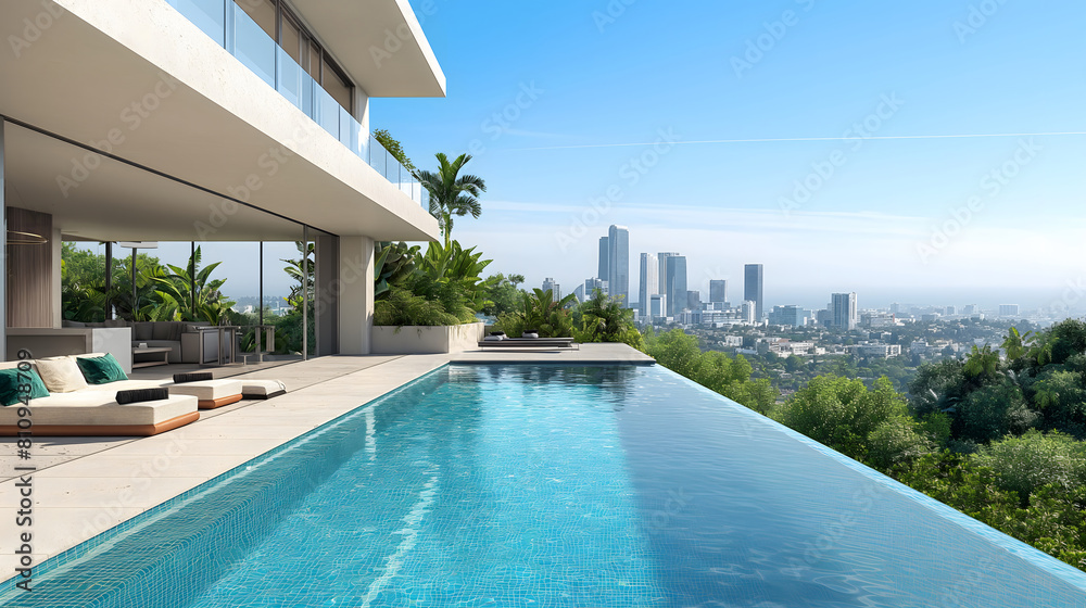 Fototapeta premium Urban oasis: Sleek modern home with infinity pool overlooking city skyline
