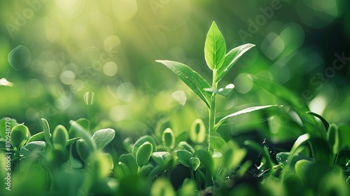 Green sprouts grow in the morning sunlight. Nature background. Spring concept