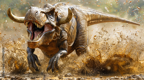 A large T-Rex is running through a muddy field photo