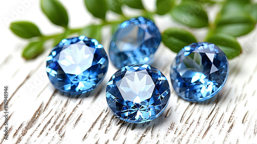 Four blue diamonds are on a wooden surface