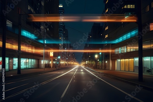 a blurry photo of a city at night with a lot of lights on the street and a lot of buildings on the other side of the street with lights in the foreground. Generative AI 