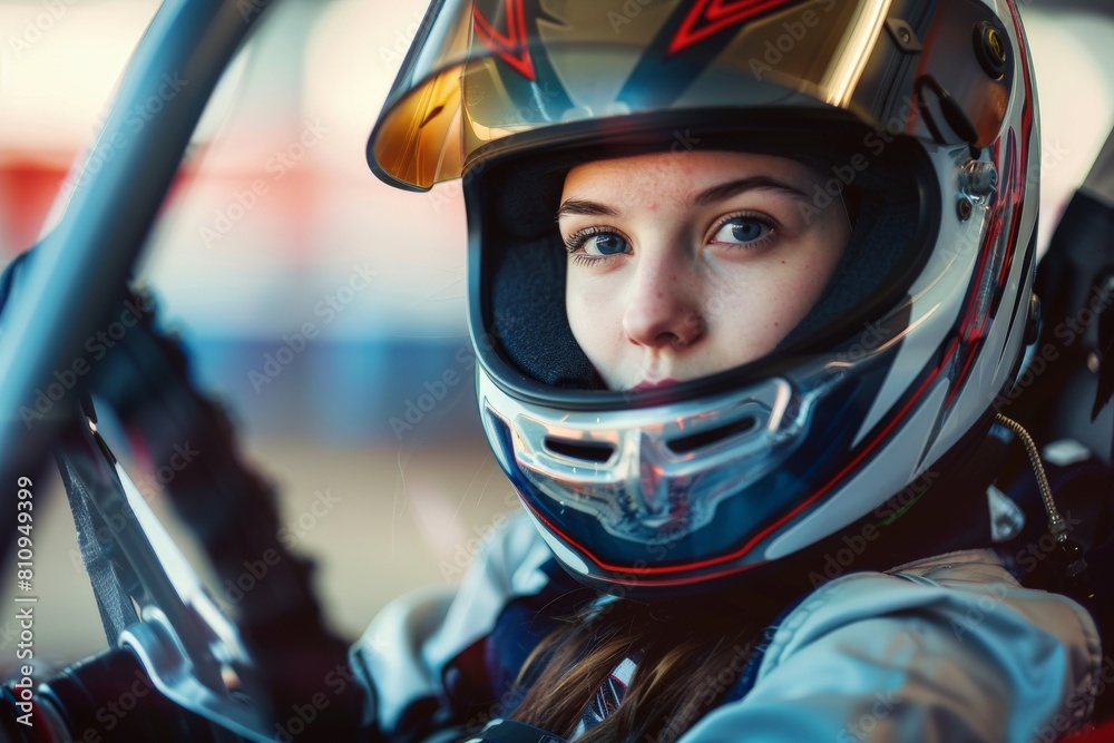 Intense Go-Kart Race with Focused Female Driver. Beautiful simple AI generated image in 4K, unique. Intense Go-Kart Race with Focused Female Driver. Beautiful simple AI generated image in 4K, unique.
