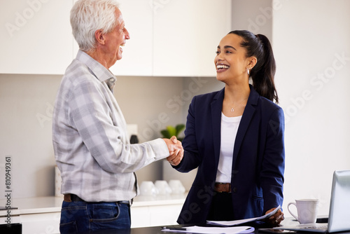 Fotografia Business, woman and senior man handshake in home for greeting for work on legal or financial matters, meeting and hello