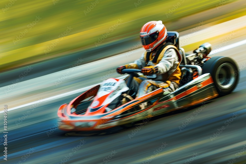 Person riding go-kart on racing track, perfect for sports and entertainment concepts. Beautiful simple AI generated image in 4K, unique.