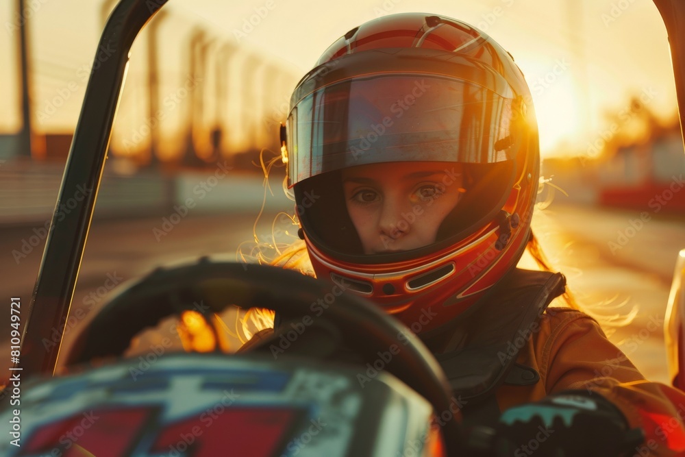 Fototapeta premium Intense Go-Kart Race with Focused Female Driver. Beautiful simple AI generated image in 4K, unique.