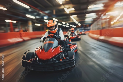 Person riding go-kart on racing track, perfect for sports and entertainment concepts. Beautiful simple AI generated image in 4K, unique.