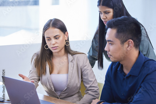 Business people, laptop or group with teamwork, thinking or share ideas for magazine, conversation or research for article. Journalist, editor or employees with computer, brainstorming or online news