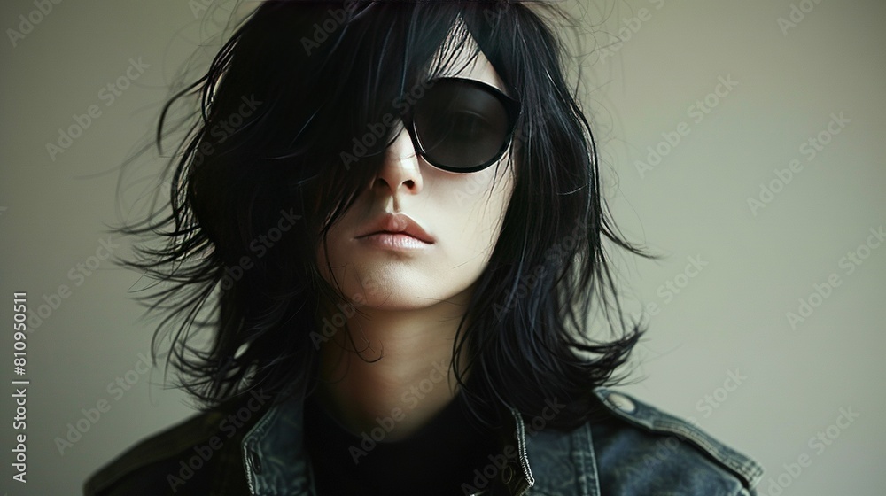   A person in sunglasses, jeans, T-shirt and blowing hair wears a black T-shirt