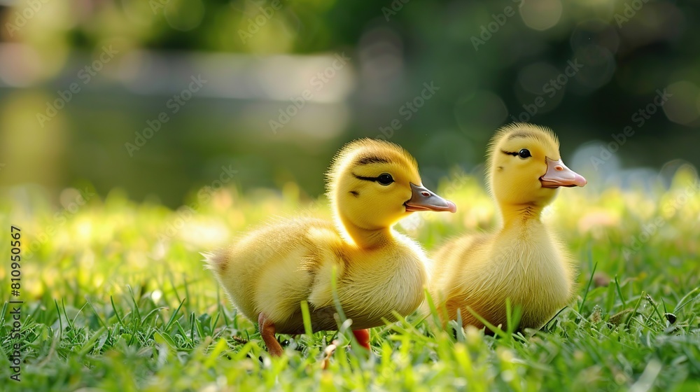 Just two cute ducklings on the grass . Generative Ai