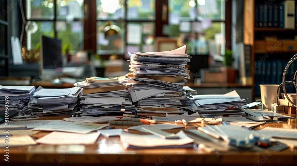 disorganized workspace with scattered papers and pens, illustrating the concept of failed desk organization disorganized workspace with scattered papers and pens, illustrating the concept of failed desk organization
