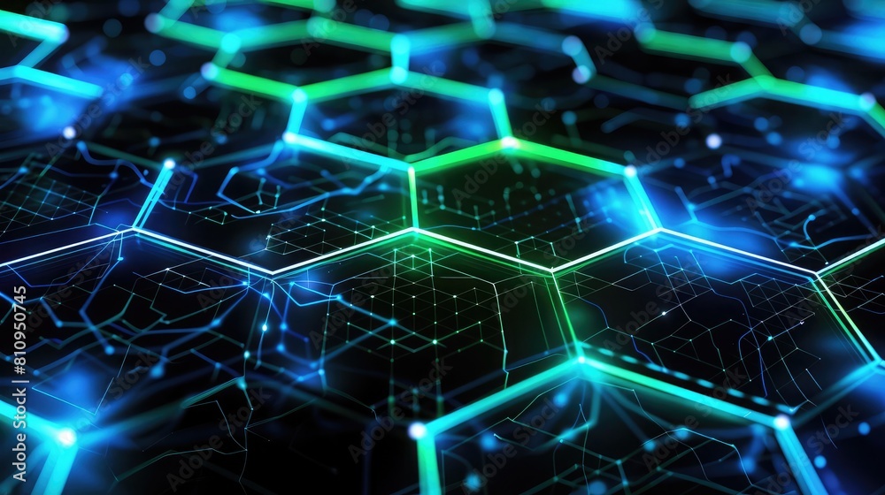 Tech-themed wallpaper with interconnected hexagons in neon blue and green against a dark background.