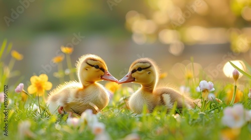 Just two cute ducklings on the grass . Generative Ai