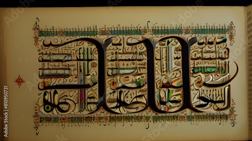  A close-up of intricate calligraphy from the Quran, beautifully illuminated on parchment
