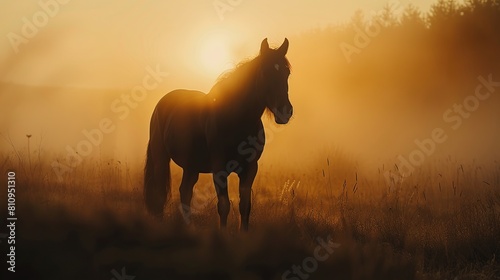 Majestic Horse in Golden Field at Sunset horses in field. Generative Ai