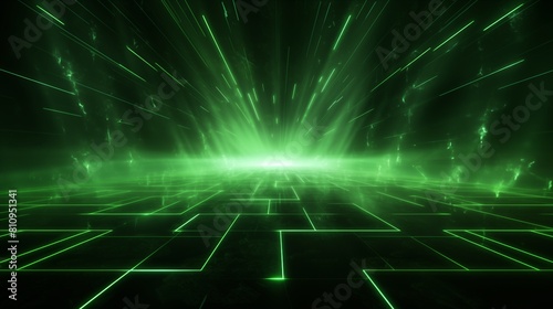 Futuristic Green Laser Lights and Grid Illuminating Digital Space