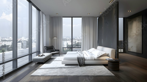 Modern minimalist style hotel bedroom renderings with floor-to-ceiling windows, gray walls, a white sofa combination