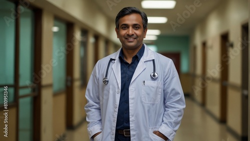 Portrait of a doctor of Indian ethnicity with hospital