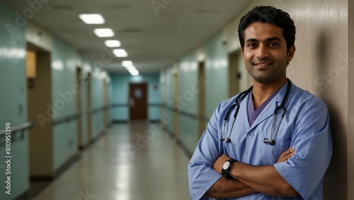 Portrait of a doctor of Indian ethnicity with hospital