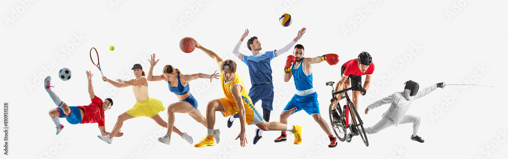 Fototapeta premium Banner. Sport collage. Athletes in action, soccer, tennis, basketball, boxing, cycling and fencing against white background. Concept of healthy lifestyle and professional sport, team, fitness. Ad