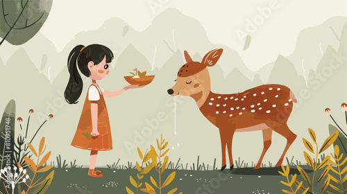 Little girl feeding wild deer animal Vector illustration