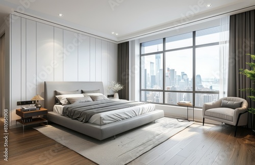 A spacious bedroom with white walls  grey bed and headboard. Wooden flooring  large windows showing the cityscape outside  and a modern armchair placed near it