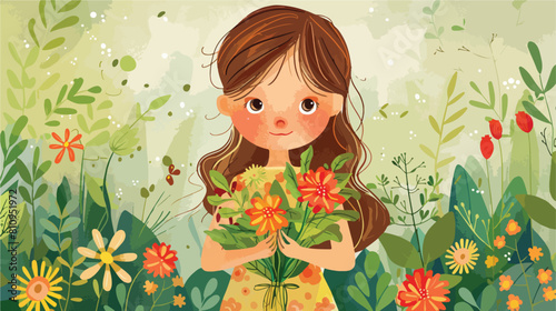 Little girl holds a bouquet Vector illustration. Vector