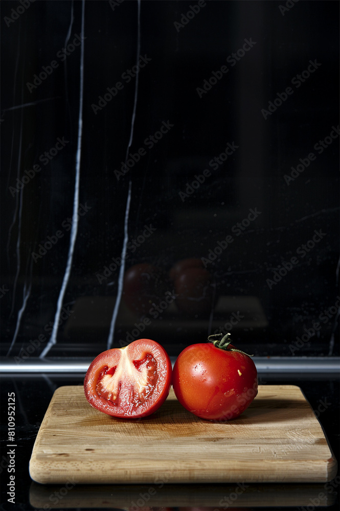tomato on wooden board and black marble wall
