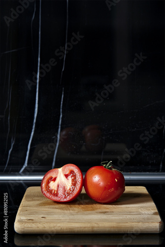 Obraz na płótnie tomato on wooden board and black marble wall w salonie