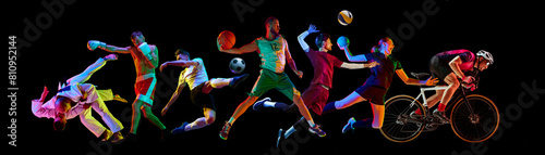 Sport collage. Energetic athletes from diverse sports leap and compete, shows spectrum of activities against black background. Concept of healthy lifestyle, professional sport, team, fitness. Ad