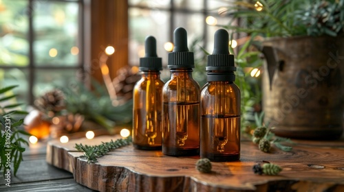 cbd oil in glass dropper bottles on a wooden table  promoting natural remedies with space for text