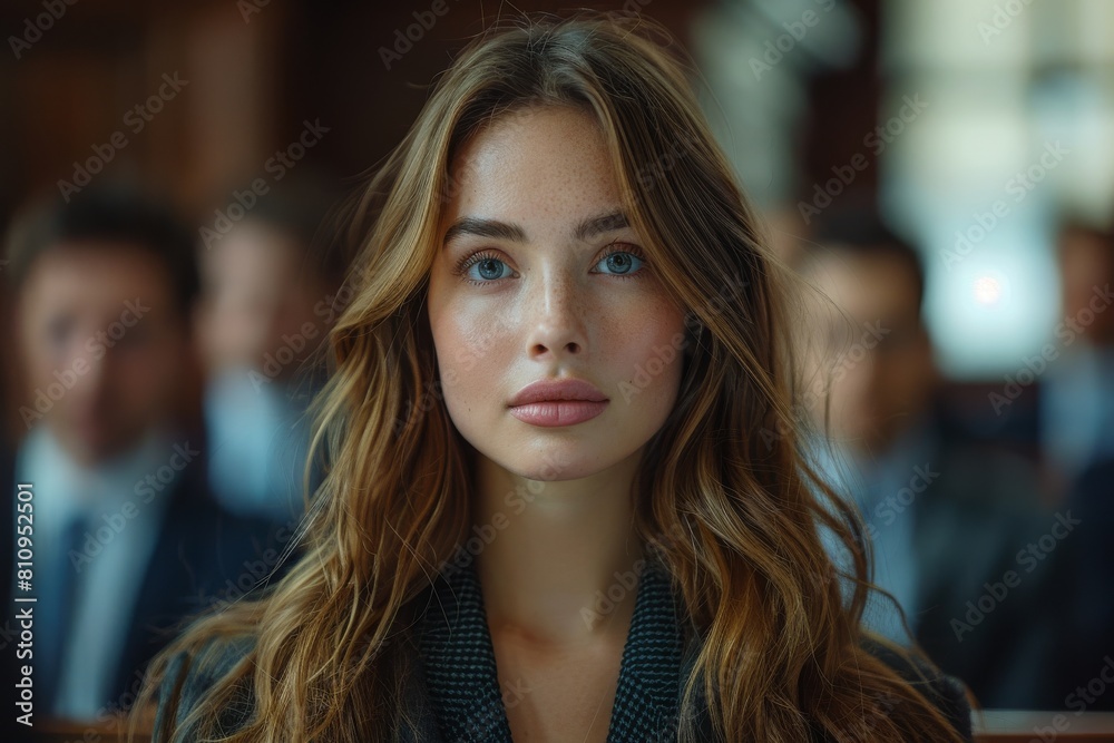 Stunning woman with light blue eyes and blonde hair, situated within a formal gathering, fixed gaze at camera Stunning woman with light blue eyes and blonde hair, situated within a formal gathering, fixed gaze at camera