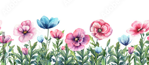 Floral meadow illustration with blooming peony, rose and green leaves. Long seamless bottom banner with  various wild flowers and greenery. Hand painted realistic aquarelle florals