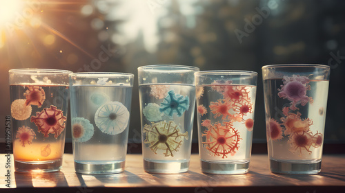 Glass with dirty water  as water pollution concept. hygiene and health concept with germs stickers on it.