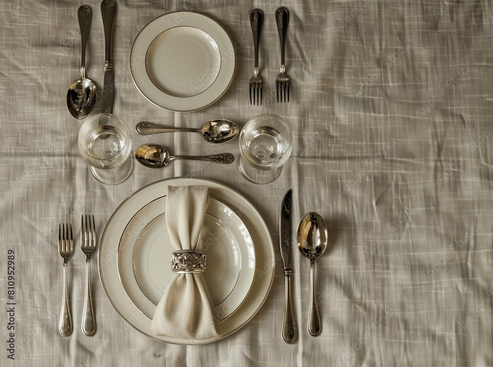 table with plates glasses cutlery napkin