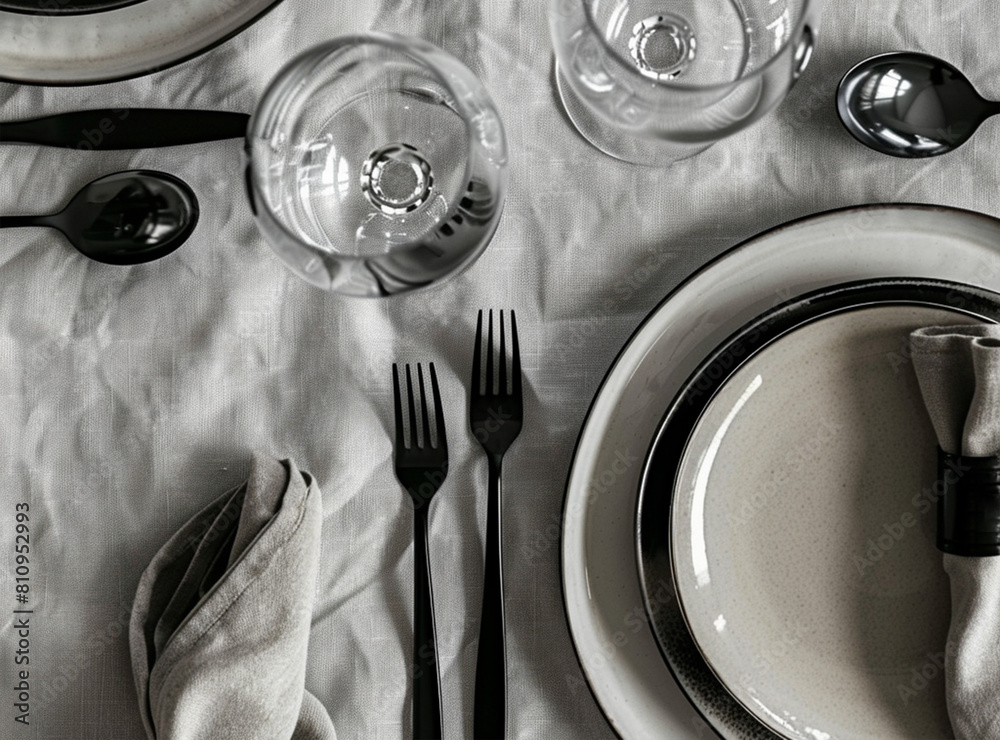 table with plates glasses cutlery napkin