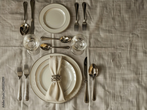 
table with plates glasses cutlery napkin