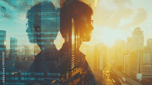A photorealistic painting of a woman standing in front of a city skyline. The woman is wearing a business suit and glasses. The sun is setting behind her. The image is split in half, with the left sid photo
