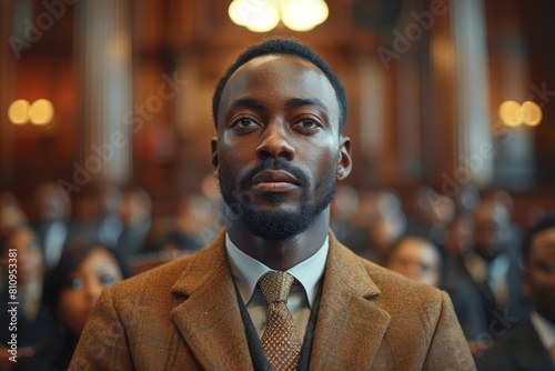 A young man in a courtroom setting, looking up with a contemplative expression