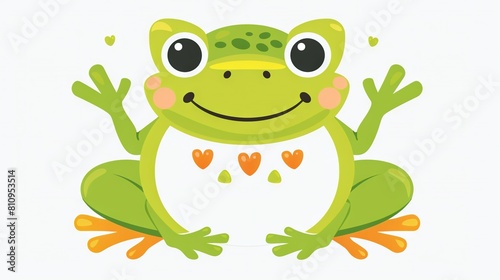  Green frog with large eyes and grin  seated on ground  hands raised high