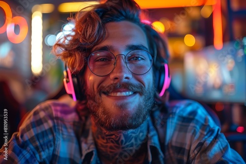 A tattooed young man with curly hair enjoying music with neon light background