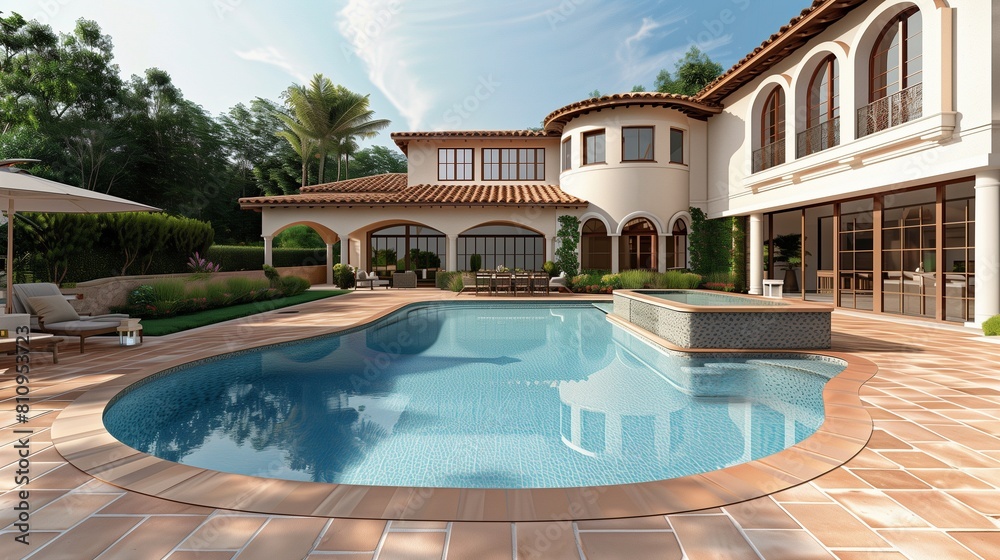 Oval pool at a Mediterranean-inspired villa, surrounded by a terraced dining area and tiles.