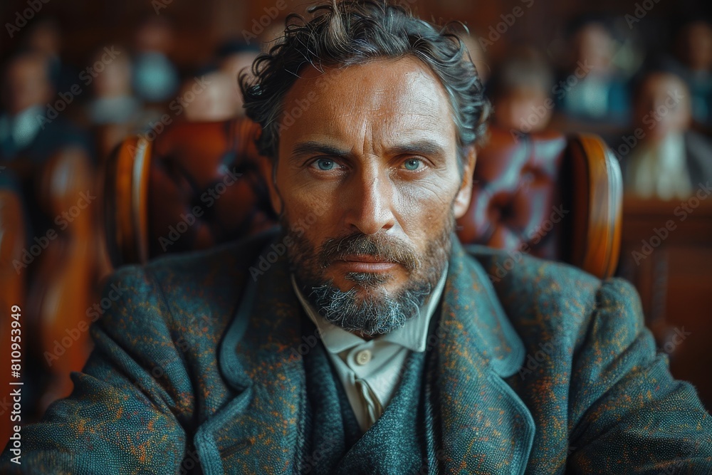 Man with a thoughtful expression and piercing gaze seated in a courtroom Man with a thoughtful expression and piercing gaze seated in a courtroom