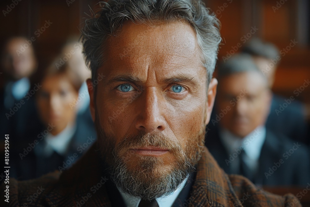 Intense close-up of a man's face with striking blue eyes in a court setting Intense close-up of a man's face with striking blue eyes in a court setting